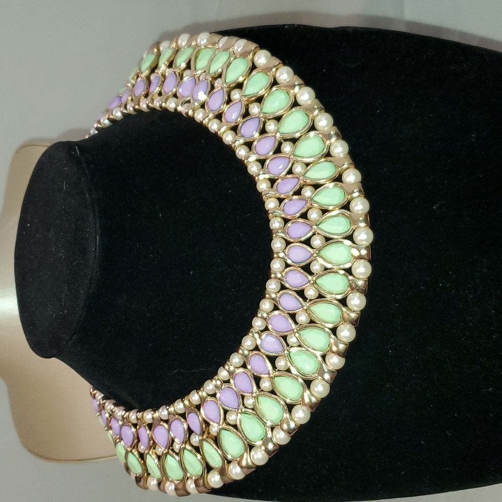Statement Large Beaded Pearl Gold lavender light green Collar Necklace Cleopatra